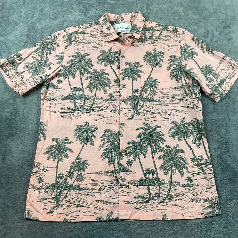 Tori Richard Men Shirt Pink Green Palm Tree Tropical Hawaii Made, Japan Printed